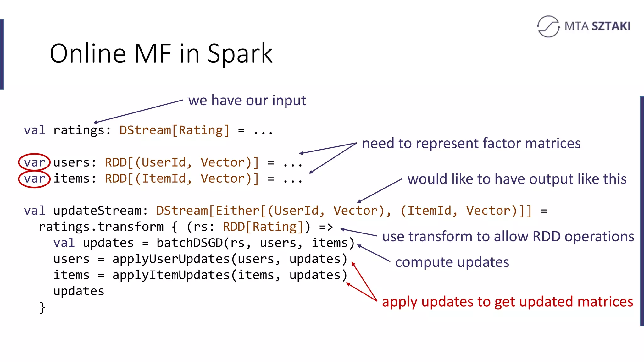 Online MF in Spark
val ratings: DStream[Rating] = ...
var users: RDD[(UserId, Vector)] = ...
var items: RDD[(ItemId, Vector)] = ...
val updateStream: DStream[Either[(UserId, Vector), (ItemId, Vector)]] =
ratings.transform { (rs: RDD[Rating]) =>
val updates = batchDSGD(rs, users, items)
users = applyUserUpdates(users, updates)
items = applyItemUpdates(items, updates)
updates
}
we have our input
would like to have output like this
use transform to allow RDD operations
need to represent factor matrices
compute updates
apply updates to get updated matrices
 