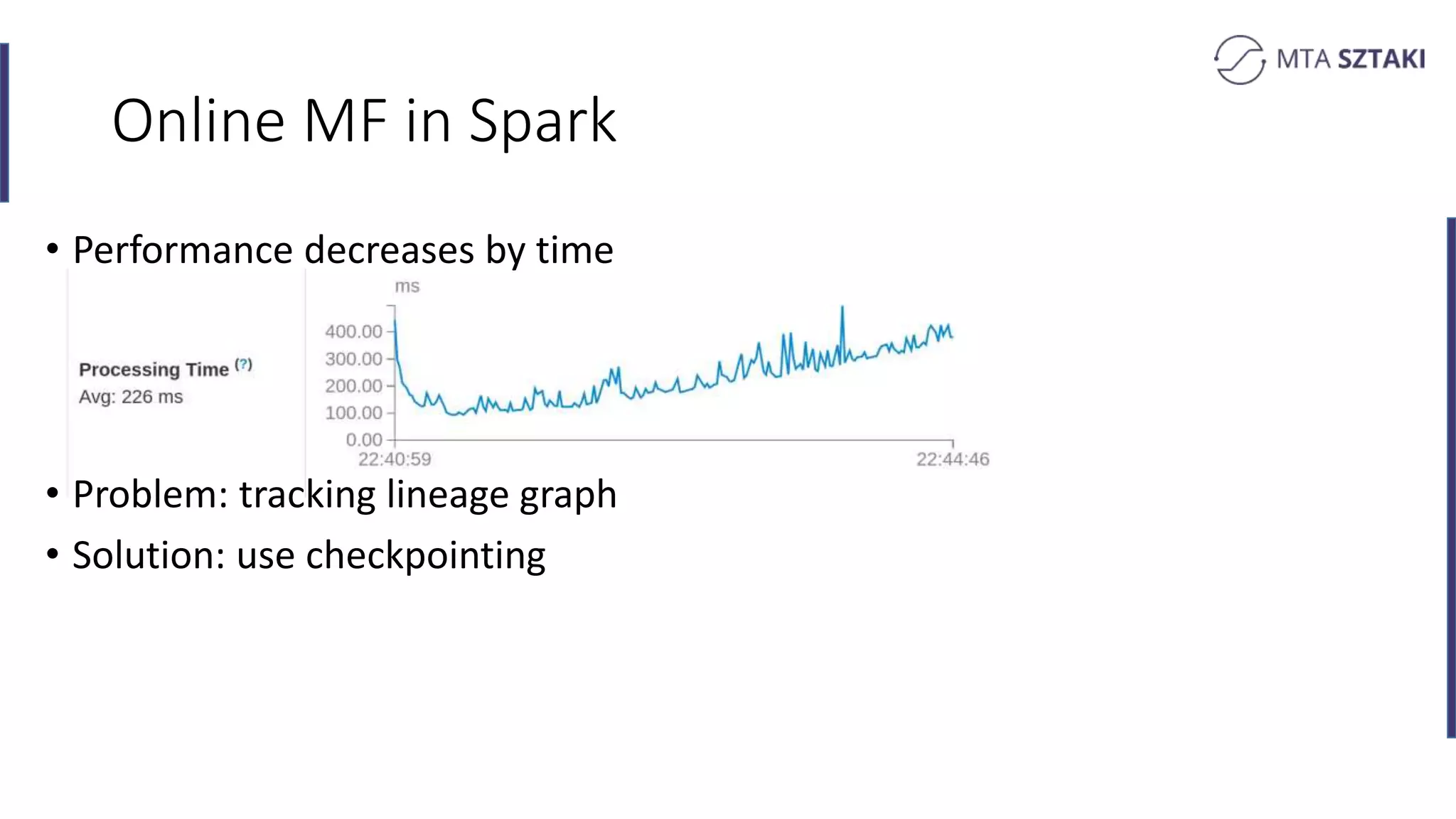 Online MF in Spark
• Performance decreases by time
• Problem: tracking lineage graph
• Solution: use checkpointing
 
