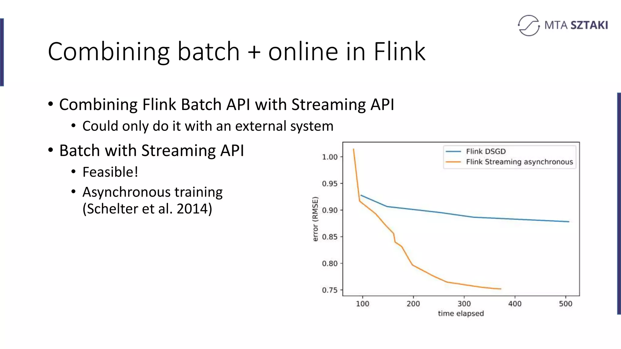 Combining batch + online in Flink
• Combining Flink Batch API with Streaming API
• Could only do it with an external system
• Batch with Streaming API
• Feasible!
• Asynchronous training
(Schelter et al. 2014)
 
