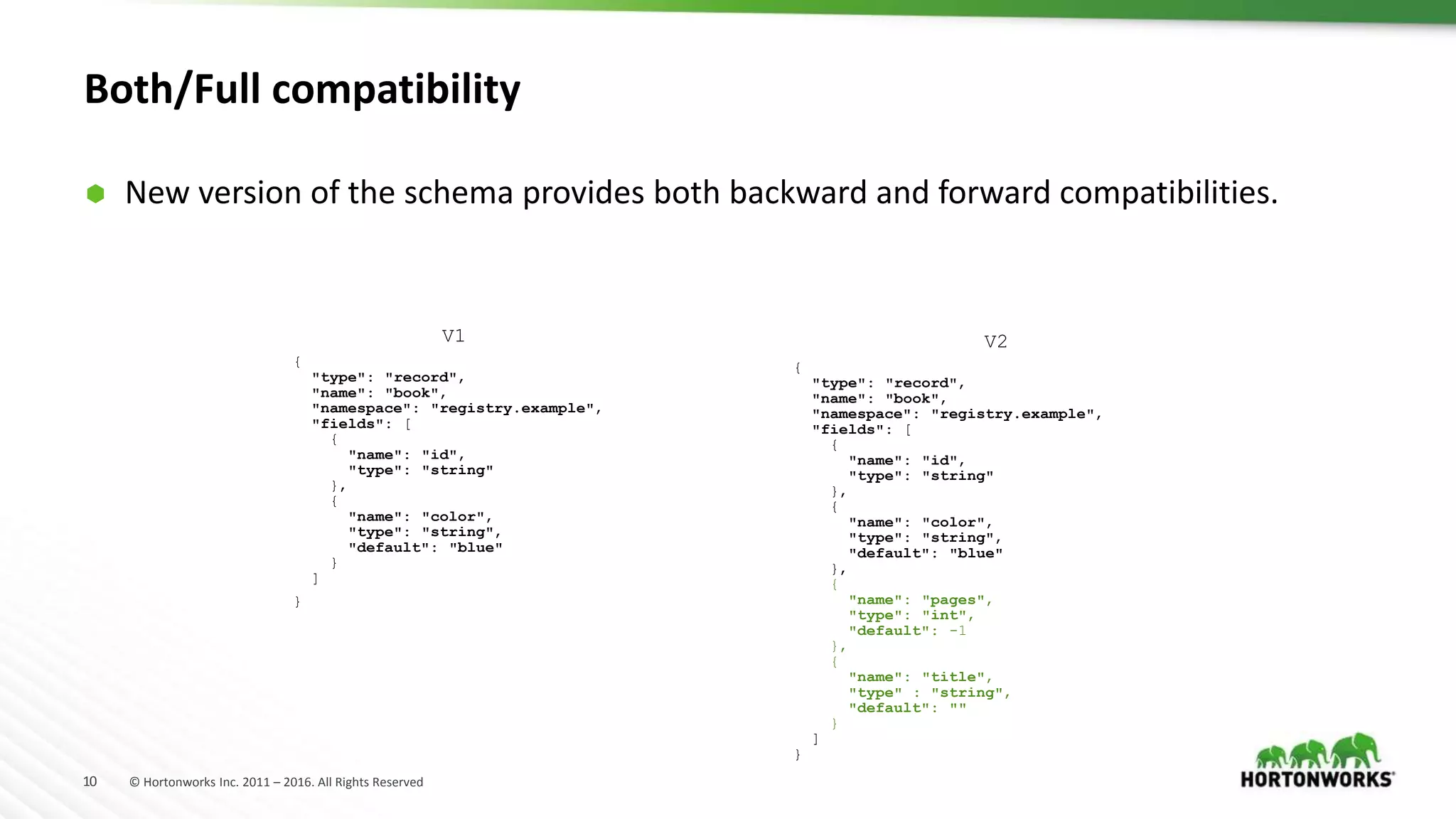 10 © Hortonworks Inc. 2011 – 2016. All Rights Reserved
Both/Full compatibility
 New version of the schema provides both backward and forward compatibilities.
V1
{
"type": "record",
"name": "book",
"namespace": "registry.example",
"fields": [
{
"name": "id",
"type": "string"
},
{
"name": "color",
"type": "string",
"default": "blue"
}
]
}
V2
{
"type": "record",
"name": "book",
"namespace": "registry.example",
"fields": [
{
"name": "id",
"type": "string"
},
{
"name": "color",
"type": "string",
"default": "blue"
},
{
"name": "pages",
"type": "int",
"default": -1
},
{
"name": "title",
"type" : "string",
"default": ""
}
]
}
 