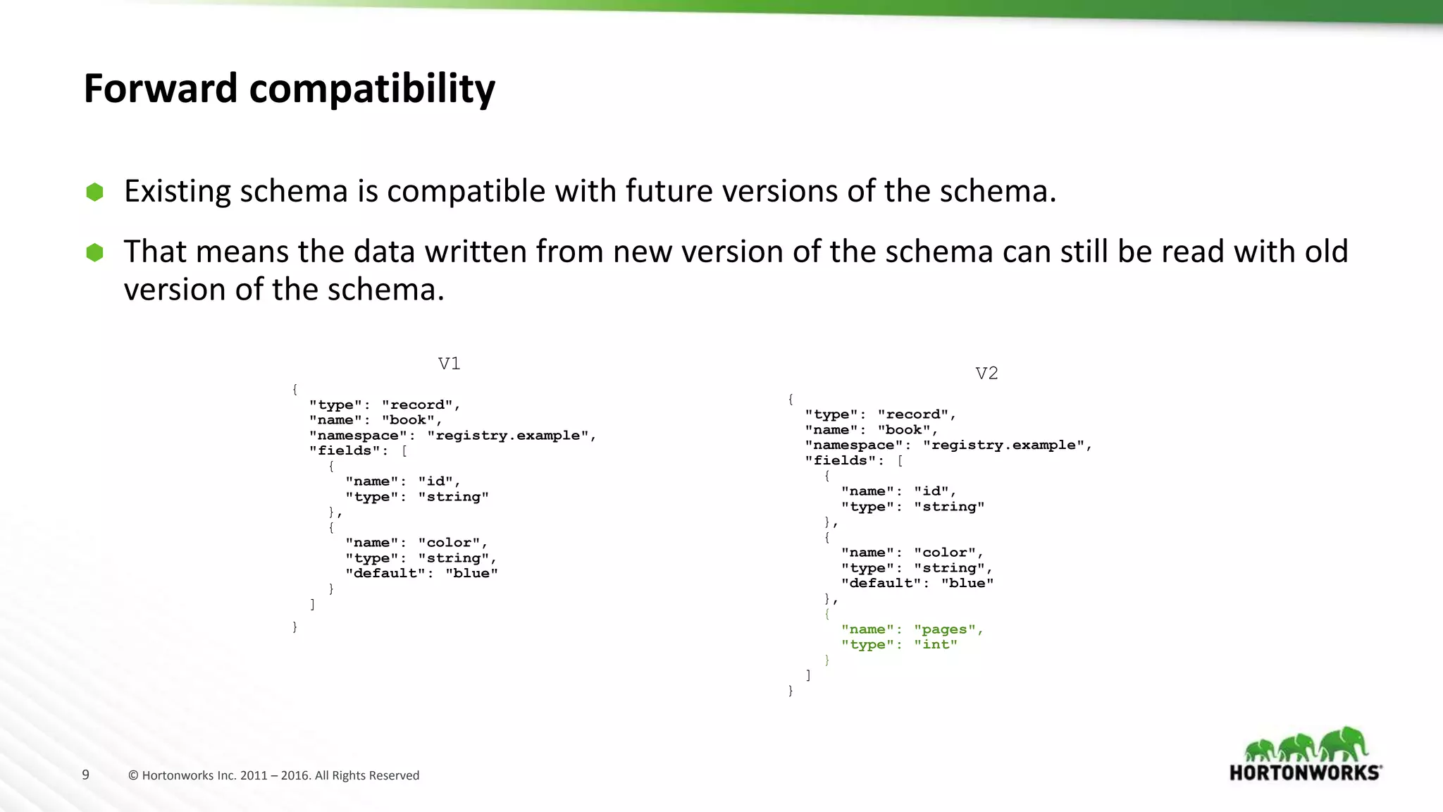 9 © Hortonworks Inc. 2011 – 2016. All Rights Reserved
Forward compatibility
 Existing schema is compatible with future versions of the schema.
 That means the data written from new version of the schema can still be read with old
version of the schema.
V1
{
"type": "record",
"name": "book",
"namespace": "registry.example",
"fields": [
{
"name": "id",
"type": "string"
},
{
"name": "color",
"type": "string",
"default": "blue"
}
]
}
V2
{
"type": "record",
"name": "book",
"namespace": "registry.example",
"fields": [
{
"name": "id",
"type": "string"
},
{
"name": "color",
"type": "string",
"default": "blue"
},
{
"name": "pages",
"type": "int"
}
]
}
 