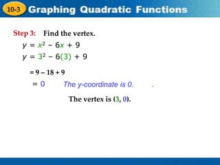 Holt Algebra 1
9-3 Graphing Quadratic Functions
Step 3:
= 9 – 18 + 9
= 0
The vertex is (3, 0).
The y-coordinate is 0. .
y = x2 – 6x + 9
y = 32 – 6(3) + 9
Find the vertex.
 