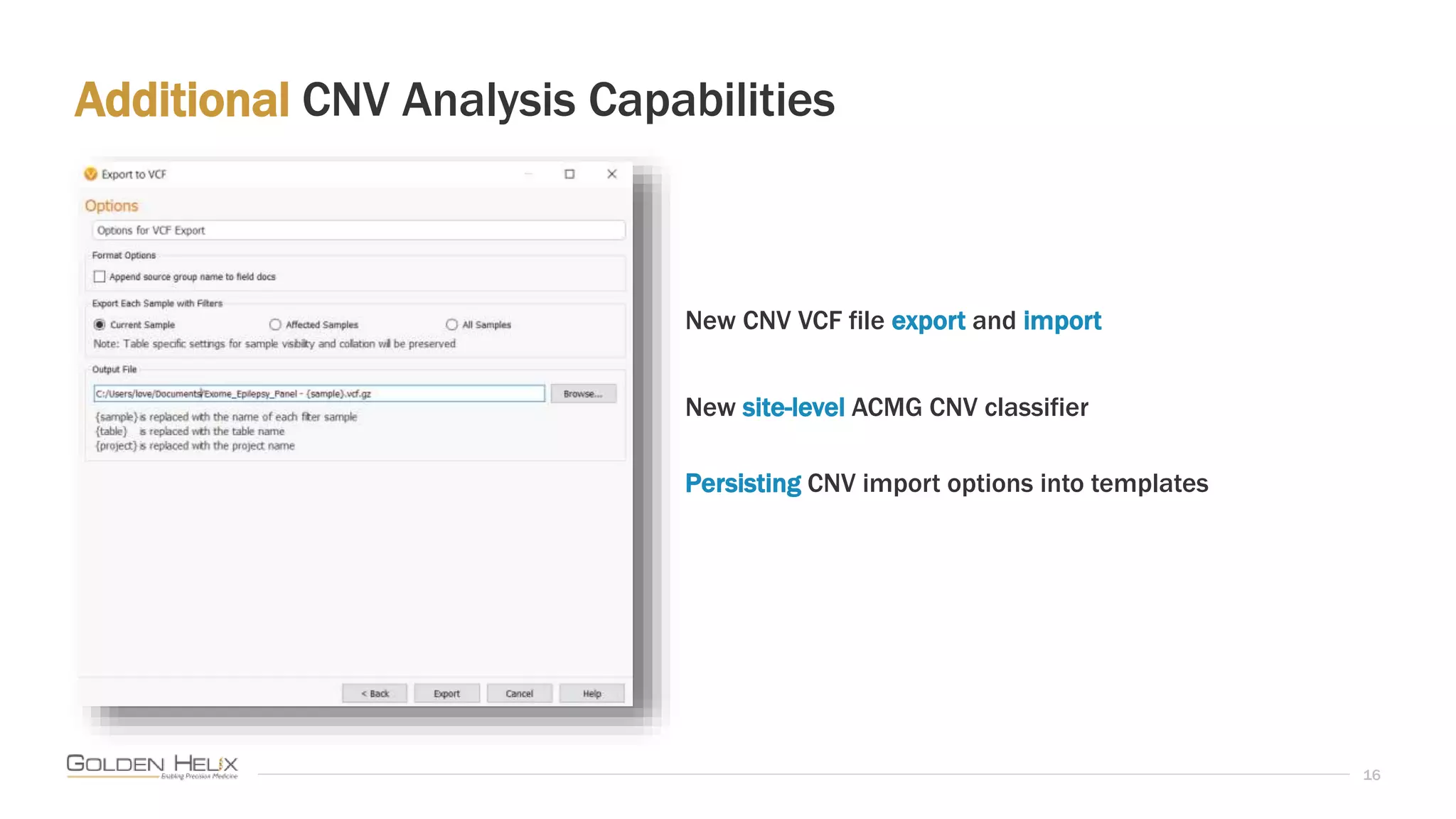 Additional CNV Analysis Capabilities
16
New CNV VCF file export and import
New site-level ACMG CNV classifier
Persisting CNV import options into templates
 