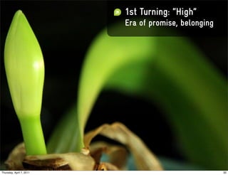 1st Turning: “High”
                          Era of promise, belonging




Thursday, April 7, 2011                               30
 