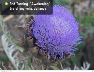 2nd Turning: “Awakening”
                 Era of euphoria, defiance




Thursday, April 7, 2011                      31
 