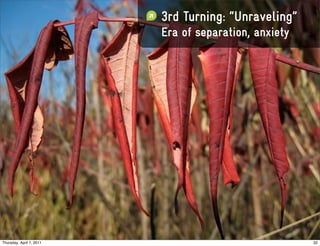 3rd Turning: “Unraveling”
                          Era of separation, anxiety




Thursday, April 7, 2011                                32
 
