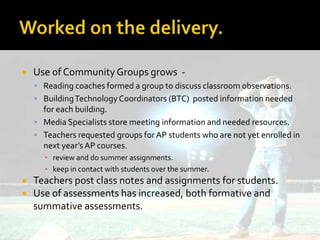 What happened next?Teachers wanted more!Additional training requestedHands-on training, 2+ hours after contract time.  Must have 5 people minimum per session.Saturday and evening sessions scheduled.Community Groups created – 400+ groups currentlySchool faculty groups