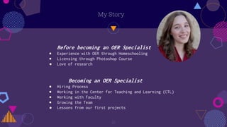 15
My Story
Before becoming an OER Specialist
● Experience with OER through Homeschooling
● Licensing through Photoshop Course
● Love of research
Becoming an OER Specialist
● Hiring Process
● Working in the Center for Teaching and Learning (CTL)
● Working with Faculty
● Growing the Team
● Lessons from our first projects
 