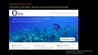 Domain of One’s Own
Learning in the Open, Sharing, and Contributing knowledge
This work by Karen Cangialosi is licensed under a
CC BY 4.0 International License
 