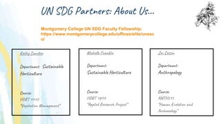UN SDG Partners: About Us…
Zev Cossin
Department:
Anthropology
Course:
ANTH215
“Human Evolution and
Archaeology”
Michelle Franklin
Department:
Sustainable Horticulture
Course:
HORT 4810
“Applied Research Project”
Kathy Dunster
Department: Sustainable
Horticulture
Course:
HORT 4440
“Vegetation Management”
Montgomery College UN SDG Faculty Fellowship:
https://www.montgomerycollege.edu/offices/elite/unesc
o/
 