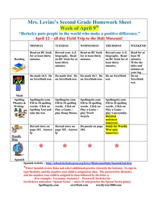 Mrs. Levine’s Second Grade Homework Sheet
                          Week of April 9th
    “Berkeley puts people in the world who make a positive difference.”
            April 12 – all day Field Trip to the Dali Museum!
              MONDAY                TUESDAY               WEDNESDAY             THURSDAY              WEEKEND

              Read an RC book       Reread your A-Z       Read an RC book       Reread your A-Z       Read for at
              for at least thirty   biography. Read       for at least thirty   biography. Read       least 30
 Reading      minutes.              an RC book for at     minutes.              an RC book for at     minutes.
                                    least thirty                                least thirty          Write the
                                    minutes.                                    minutes.              titles and
                                                                                                      minutes in
                                                                                                      your log.
              Do math 10.5. Do      Do math 10.6. Do      Do math 10.7. Do      Do an XtraMath        Do an
              an XtraMath test.     an XtraMath test.     an XtraMath test.     test.                 XtraMath
                                                                                                      test.



  Math
 Spelling     Spellingcity.com      Spellingcity.com      Spellingcity.com      Spellingcity.com
Phonics &     Fill in 10 spelling   Fill in 10 spelling   Fill in 10 spelling   Fill in 10 spelling
Writing       words. Click on       words. Click on       words. Click on       words. Click on
              Spelling Test and     Play a Game –         Play a Game –         Play a Game –
              take the test.        play Hang Mouse.      play Word             play Unscramble.
                                                          Search.               Dictated
                                                                                sentences
                                                                                tomorrow.
              Reread story on  Reread story on  Do puzzle on page               Study for Wordly
              page 103. Answer page 103. Answer 104.                            Wise quiz
              Q                Q                                                tomorrow.
Wordly
Wise


                     *                    *                     *                      *
 Spanish
        Spanish website – http://school.berkeleyprep.org/lower/llinks/spanlinks/Spanish2nd.htm
         *Enter Spanish review links and select additional practice (towards the bottom). To sign in
         type Berbeley and the number your child is assigned in class. The password is: Berkeley
         and the number your child is assigned in class followed by the letter a.
                  (For example: Username: berkeley3 Password: berkeley3a)
         Scroll down and select: ‘Sprout Series’ – select #1 and practice the Sprout Series games.
                     Spellingcity.com          xtraMath.com          wordlywise3000.com
 
