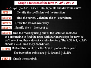 Graphing Quadratic Functions
STEP 1 Identify the coefficients of the function.
STEP 2 Find the vertex. Calculate the x - coordinate.
STEP 3 Draw the axis of symmetry
STEP 4 Identify the y - intercept c,
STEP 5 Find the roots by using one of the solution methods,
We are unable to find the roots with our knowledge for now, so
we'll select another value of x and solve for y. The AOS is 1, so let's
choose x = -1. Find the y coordinate.
The two other points are (–1, 10) and (–2, 25)
STEP 6 Reflect this point over the AOS to plot another point.
STEP 7 Graph the parabola
Graph a function of the form y = ax2 + bx + c
y = 3x2 – 6x + 1, Plot 5 points and draw the curveGraph
 