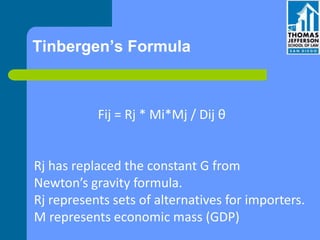 Tinbergen’s Formula
Fij = Rj * Mi*Mj / Dij θ
Rj has replaced the constant G from
Newton’s gravity formula.
Rj represents sets of alternatives for importers.
M represents economic mass (GDP)
 