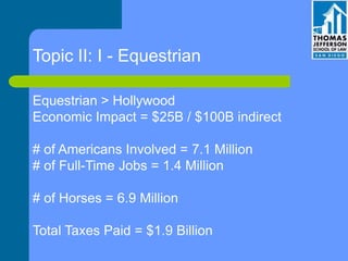 Topic II: I - Equestrian
Equestrian > Hollywood
Economic Impact = $25B / $100B indirect
# of Americans Involved = 7.1 Million
# of Full-Time Jobs = 1.4 Million
# of Horses = 6.9 Million
Total Taxes Paid = $1.9 Billion
 