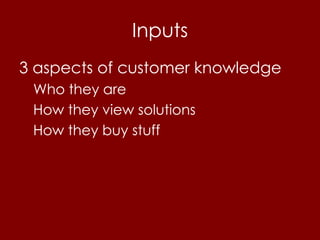 Inputs
3 aspects of customer knowledge
 Who they are
 How they view solutions
 How they buy stuff
 