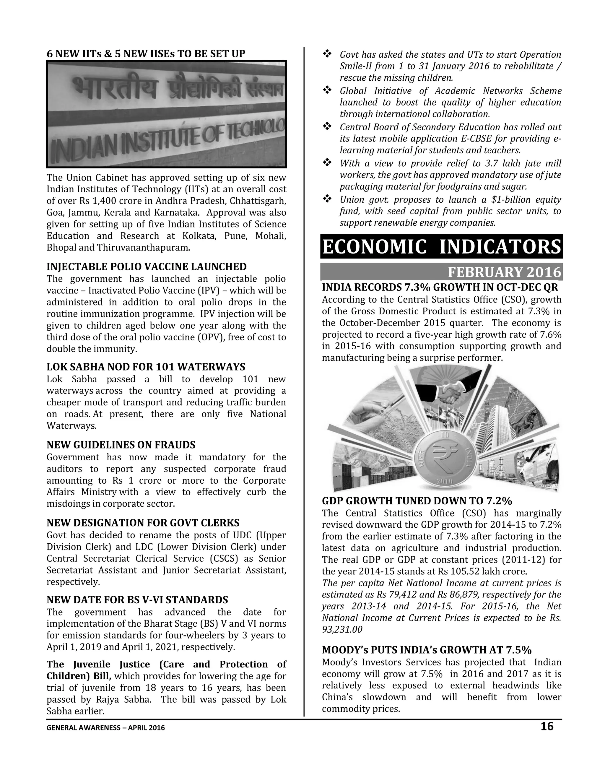 GENERAL AWARENESS – APRIL 2016 16
6 NEW IITs & 5 NEW IISEs TO BE SET UP
The Union Cabinet has approved setting up of six new
Indian Institutes of Technology (IITs) at an overall cost
of over Rs 1,400 crore in Andhra Pradesh, Chhattisgarh,
Goa, Jammu, Kerala and Karnataka. Approval was also
given for setting up of five Indian Institutes of Science
Education and Research at Kolkata, Pune, Mohali,
Bhopal and Thiruvananthapuram.
INJECTABLE POLIO VACCINE LAUNCHED
The government has launched an injectable polio
vaccine – Inactivated Polio Vaccine (IPV) – which will be
administered in addition to oral polio drops in the
routine immunization programme. IPV injection will be
given to children aged below one year along with the
third dose of the oral polio vaccine (OPV), free of cost to
double the immunity.
LOK SABHA NOD FOR 101 WATERWAYS
Lok Sabha passed a bill to develop 101 new
waterways across the country aimed at providing a
cheaper mode of transport and reducing traffic burden
on roads. At present, there are only five National
Waterways.
NEW GUIDELINES ON FRAUDS
Government has now made it mandatory for the
auditors to report any suspected corporate fraud
amounting to Rs 1 crore or more to the Corporate
Affairs Ministry with a view to effectively curb the
misdoings in corporate sector.
NEW DESIGNATION FOR GOVT CLERKS
Govt has decided to rename the posts of UDC (Upper
Division Clerk) and LDC (Lower Division Clerk) under
Central Secretariat Clerical Service (CSCS) as Senior
Secretariat Assistant and Junior Secretariat Assistant,
respectively.
NEW DATE FOR BS V-VI STANDARDS
The government has advanced the date for
implementation of the Bharat Stage (BS) V and VI norms
for emission standards for four-wheelers by 3 years to
April 1, 2019 and April 1, 2021, respectively.
The Juvenile Justice (Care and Protection of
Children) Bill, which provides for lowering the age for
trial of juvenile from 18 years to 16 years, has been
passed by Rajya Sabha. The bill was passed by Lok
Sabha earlier.
 Govt has asked the states and UTs to start Operation
Smile-II from 1 to 31 January 2016 to rehabilitate /
rescue the missing children.
 Global Initiative of Academic Networks Scheme
launched to boost the quality of higher education
through international collaboration.
 Central Board of Secondary Education has rolled out
its latest mobile application E-CBSE for providing e-
learning material for students and teachers.
 With a view to provide relief to 3.7 lakh jute mill
workers, the govt has approved mandatory use of jute
packaging material for foodgrains and sugar.
 Union govt. proposes to launch a $1-billion equity
fund, with seed capital from public sector units, to
support renewable energy companies.
ECONOMIC INDICATORS
FEBRUARY 2016
INDIA RECORDS 7.3% GROWTH IN OCT-DEC QR
According to the Central Statistics Office (CSO), growth
of the Gross Domestic Product is estimated at 7.3% in
the October-December 2015 quarter. The economy is
projected to record a five-year high growth rate of 7.6%
in 2015-16 with consumption supporting growth and
manufacturing being a surprise performer.
GDP GROWTH TUNED DOWN TO 7.2%
The Central Statistics Office (CSO) has marginally
revised downward the GDP growth for 2014-15 to 7.2%
from the earlier estimate of 7.3% after factoring in the
latest data on agriculture and industrial production.
The real GDP or GDP at constant prices (2011-12) for
the year 2014-15 stands at Rs 105.52 lakh crore.
The per capita Net National Income at current prices is
estimated as Rs 79,412 and Rs 86,879, respectively for the
years 2013-14 and 2014-15. For 2015-16, the Net
National Income at Current Prices is expected to be Rs.
93,231.00
MOODY’s PUTS INDIA’s GROWTH AT 7.5%
Moody’s Investors Services has projected that Indian
economy will grow at 7.5% in 2016 and 2017 as it is
relatively less exposed to external headwinds like
China’s slowdown and will benefit from lower
commodity prices.
 