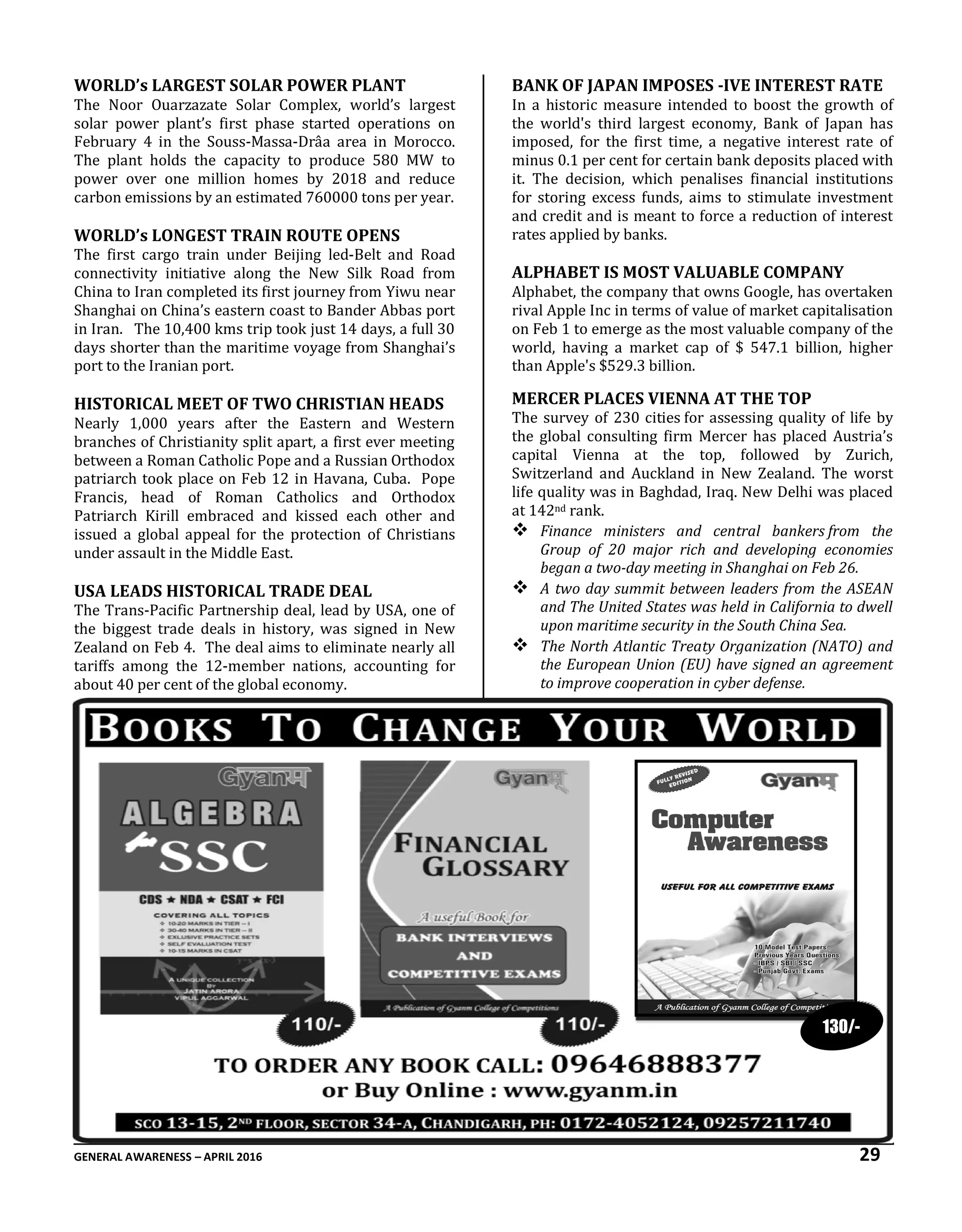 GENERAL AWARENESS – APRIL 2016 29
WORLD’s LARGEST SOLAR POWER PLANT
The Noor Ouarzazate Solar Complex, world’s largest
solar power plant’s first phase started operations on
February 4 in the Souss-Massa-Drâa area in Morocco.
The plant holds the capacity to produce 580 MW to
power over one million homes by 2018 and reduce
carbon emissions by an estimated 760000 tons per year.
WORLD’s LONGEST TRAIN ROUTE OPENS
The first cargo train under Beijing led-Belt and Road
connectivity initiative along the New Silk Road from
China to Iran completed its first journey from Yiwu near
Shanghai on China’s eastern coast to Bander Abbas port
in Iran. The 10,400 kms trip took just 14 days, a full 30
days shorter than the maritime voyage from Shanghai’s
port to the Iranian port.
HISTORICAL MEET OF TWO CHRISTIAN HEADS
Nearly 1,000 years after the Eastern and Western
branches of Christianity split apart, a first ever meeting
between a Roman Catholic Pope and a Russian Orthodox
patriarch took place on Feb 12 in Havana, Cuba. Pope
Francis, head of Roman Catholics and Orthodox
Patriarch Kirill embraced and kissed each other and
issued a global appeal for the protection of Christians
under assault in the Middle East.
USA LEADS HISTORICAL TRADE DEAL
The Trans-Pacific Partnership deal, lead by USA, one of
the biggest trade deals in history, was signed in New
Zealand on Feb 4. The deal aims to eliminate nearly all
tariffs among the 12-member nations, accounting for
about 40 per cent of the global economy.
BANK OF JAPAN IMPOSES -IVE INTEREST RATE
In a historic measure intended to boost the growth of
the world's third largest economy, Bank of Japan has
imposed, for the first time, a negative interest rate of
minus 0.1 per cent for certain bank deposits placed with
it. The decision, which penalises financial institutions
for storing excess funds, aims to stimulate investment
and credit and is meant to force a reduction of interest
rates applied by banks.
ALPHABET IS MOST VALUABLE COMPANY
Alphabet, the company that owns Google, has overtaken
rival Apple Inc in terms of value of market capitalisation
on Feb 1 to emerge as the most valuable company of the
world, having a market cap of $ 547.1 billion, higher
than Apple's $529.3 billion.
MERCER PLACES VIENNA AT THE TOP
The survey of 230 cities for assessing quality of life by
the global consulting firm Mercer has placed Austria’s
capital Vienna at the top, followed by Zurich,
Switzerland and Auckland in New Zealand. The worst
life quality was in Baghdad, Iraq. New Delhi was placed
at 142nd rank.
 Finance ministers and central bankers from the
Group of 20 major rich and developing economies
began a two-day meeting in Shanghai on Feb 26.
 A two day summit between leaders from the ASEAN
and The United States was held in California to dwell
upon maritime security in the South China Sea.
 The North Atlantic Treaty Organization (NATO) and
the European Union (EU) have signed an agreement
to improve cooperation in cyber defense.
130/-
 