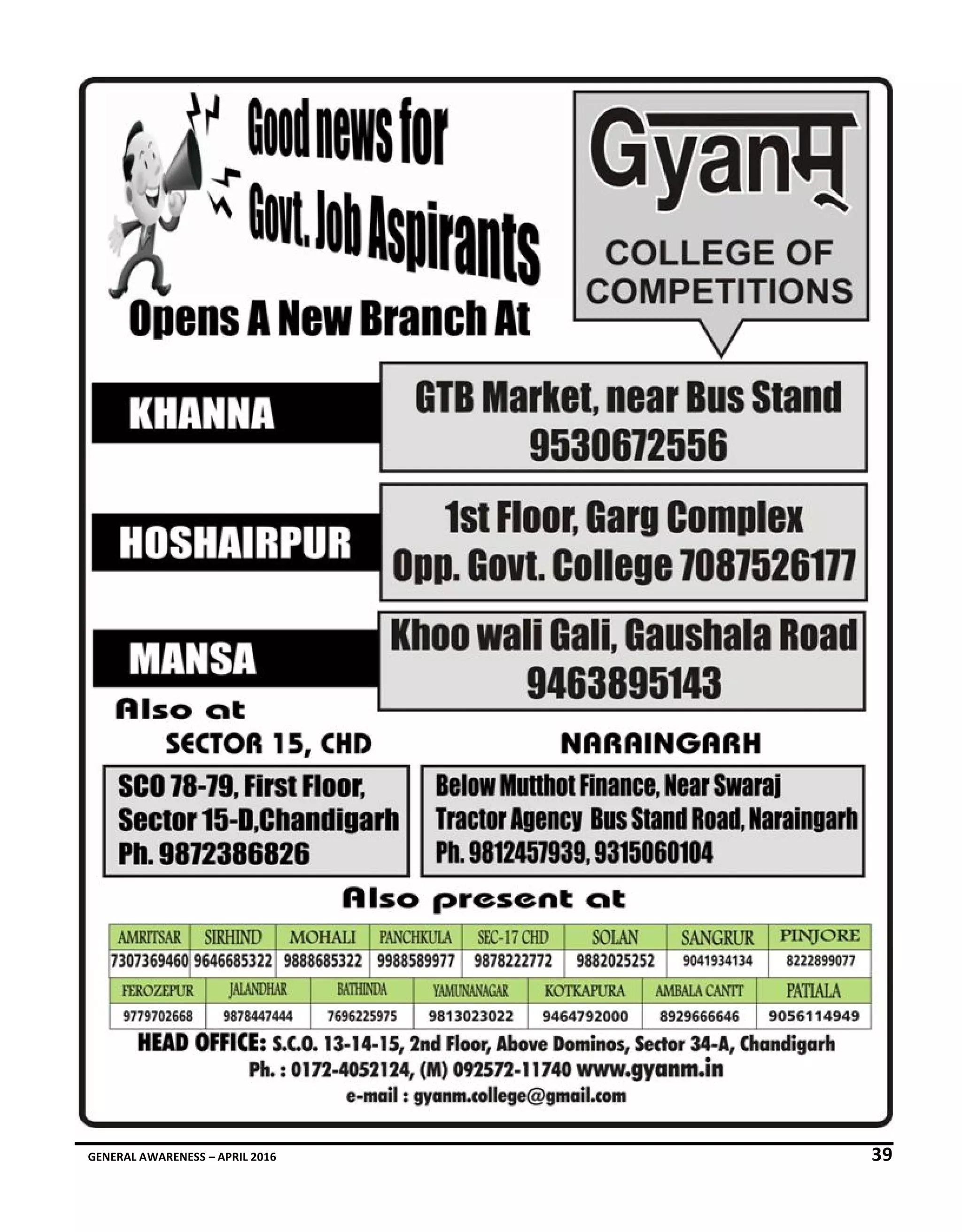 GENERAL AWARENESS – APRIL 2016 39
 