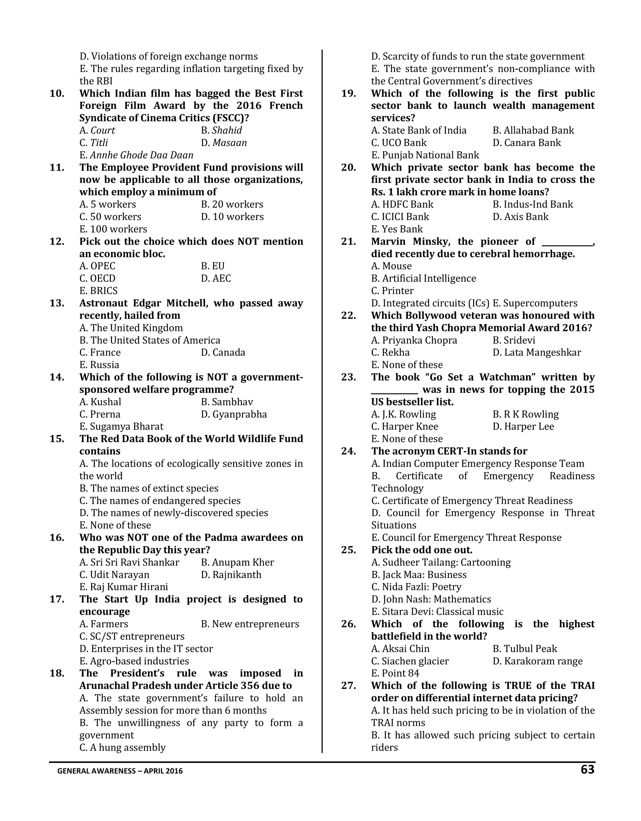 GENERAL AWARENESS – APRIL 2016 63
D. Violations of foreign exchange norms
E. The rules regarding inflation targeting fixed by
the RBI
10. Which Indian film has bagged the Best First
Foreign Film Award by the 2016 French
Syndicate of Cinema Critics (FSCC)?
A. Court B. Shahid
C. Titli D. Masaan
E. Annhe Ghode Daa Daan
11. The Employee Provident Fund provisions will
now be applicable to all those organizations,
which employ a minimum of
A. 5 workers B. 20 workers
C. 50 workers D. 10 workers
E. 100 workers
12. Pick out the choice which does NOT mention
an economic bloc.
A. OPEC B. EU
C. OECD D. AEC
E. BRICS
13. Astronaut Edgar Mitchell, who passed away
recently, hailed from
A. The United Kingdom
B. The United States of America
C. France D. Canada
E. Russia
14. Which of the following is NOT a government-
sponsored welfare programme?
A. Kushal B. Sambhav
C. Prerna D. Gyanprabha
E. Sugamya Bharat
15. The Red Data Book of the World Wildlife Fund
contains
A. The locations of ecologically sensitive zones in
the world
B. The names of extinct species
C. The names of endangered species
D. The names of newly-discovered species
E. None of these
16. Who was NOT one of the Padma awardees on
the Republic Day this year?
A. Sri Sri Ravi Shankar B. Anupam Kher
C. Udit Narayan D. Rajnikanth
E. Raj Kumar Hirani
17. The Start Up India project is designed to
encourage
A. Farmers B. New entrepreneurs
C. SC/ST entrepreneurs
D. Enterprises in the IT sector
E. Agro-based industries
18. The President’s rule was imposed in
Arunachal Pradesh under Article 356 due to
A. The state government’s failure to hold an
Assembly session for more than 6 months
B. The unwillingness of any party to form a
government
C. A hung assembly
D. Scarcity of funds to run the state government
E. The state government’s non-compliance with
the Central Government’s directives
19. Which of the following is the first public
sector bank to launch wealth management
services?
A. State Bank of India B. Allahabad Bank
C. UCO Bank D. Canara Bank
E. Punjab National Bank
20. Which private sector bank has become the
first private sector bank in India to cross the
Rs. 1 lakh crore mark in home loans?
A. HDFC Bank B. Indus-Ind Bank
C. ICICI Bank D. Axis Bank
E. Yes Bank
21. Marvin Minsky, the pioneer of _____________,
died recently due to cerebral hemorrhage.
A. Mouse
B. Artificial Intelligence
C. Printer
D. Integrated circuits (ICs) E. Supercomputers
22. Which Bollywood veteran was honoured with
the third Yash Chopra Memorial Award 2016?
A. Priyanka Chopra B. Sridevi
C. Rekha D. Lata Mangeshkar
E. None of these
23. The book “Go Set a Watchman” written by
____________ was in news for topping the 2015
US bestseller list.
A. J.K. Rowling B. R K Rowling
C. Harper Knee D. Harper Lee
E. None of these
24. The acronym CERT-In stands for
A. Indian Computer Emergency Response Team
B. Certificate of Emergency Readiness
Technology
C. Certificate of Emergency Threat Readiness
D. Council for Emergency Response in Threat
Situations
E. Council for Emergency Threat Response
25. Pick the odd one out.
A. Sudheer Tailang: Cartooning
B. Jack Maa: Business
C. Nida Fazli: Poetry
D. John Nash: Mathematics
E. Sitara Devi: Classical music
26. Which of the following is the highest
battlefield in the world?
A. Aksai Chin B. Tulbul Peak
C. Siachen glacier D. Karakoram range
E. Point 84
27. Which of the following is TRUE of the TRAI
order on differential internet data pricing?
A. It has held such pricing to be in violation of the
TRAI norms
B. It has allowed such pricing subject to certain
riders
 