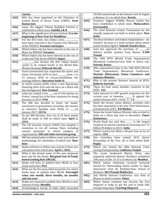 GENERAL AWARENESS – APRIL 2016 101
Carrier
645) Who has been appointed as the Chairman of
Central Board of Direct Taxes (CBDT): Arun
Kumar Jain
646) Losar, the biggest Tibetan Buddhist Festival is
celebrated in which area: Ladakh, J & K
647) What is the significance of Losar festival: It is the
beginning of New Year for Buddhists
648) For the first time, two Indian cities, ____________,
have been selected in the Creative City Network
of the UNESCO: Varanasi and Jaipur
649) Which Indian city has been selected as the city of
Music by UNESCO: Varanasi
650) Which Indian city has been selected as the city of
Crafts and Folk Art by UNESCO: Jaipur
651) _____________has become the first Indian female
cyclist to be ranked fourth in the World Elite
Women Ranking: Deborah Herold
652) Union Government has requested the states and
Union Territories (UT) to start _________from 1 to
31 January 2016 to rescue/rehabilitate the
missing children: Operation Smile-II
653) In which country public chose a new flag design
featuring silver fern and red stars on a black and
blue background: New Zealand
654) India has ranked a low _____out of 144 nations on
Forbes' annual list of the best countries for doing
business in 2015: 97th
655) The RBI has decided to lower the banks’
investment in government securities, also known
as statutory liquidity ratio (SLR), to _____by
January 2017: 20.5%
656) As per RBI decision, first cut of 25 basis points
shall be made in SLR on which date: April 2,
2016
657) The UN Security Council (UNSC) has adopted a
resolution to cut off revenue flows including
ransom payments to which category of
organizations: ISIS and other terrorists group
658) RBI has asked banks to follow a new and uniform
methodology for calculation of which rate: Base
Rate
659) Banks will have to follow new system of base rate
calculation from which date: April 1, 2016
660) What is the formal name of the new proposed
base rate for the banks: Marginal Cost of Funds
based Lending Rate (MCLR)
661) Banks will have to publish their MCLR in how
many maturities: Five
662) What are the five prescribed maturities for which
banks have to publish their MCLR: Overnight
rates, one month, three months, six months
and one year
663) Banks are required to publish their MCLR at what
interval of time: Monthly
664) Archaeological Survey of India (ASI) excavated
35,950 cannon balls at the historic Fort St Angelo
in Kannur. It is in which State: Kerala
665) Country's biggest Wildlife Rescue Centre has
been established in which state: Maharashtra
(Gorewada)
666) The 22nd National Cricket Tournament for the
visually impaired was held in which place: New
Delhi
667) The Bose Brothers and Indian Independence – An
Insider’s Account is a book written about which
noted freedom fighter: Subash Chandra Bose
668) Govt has approved the purchase of _______air
defence missile systems from Russia: S-400
Triumf
669) The 10th WTO (World Trade Organisation)
Ministerial Conference was held in which city:
Nairobi, Kenya
670) Who represented India in the 10th WTO (World
Trade Organisation) Ministerial Conference:
Nirmala Sitharaman, Union Commerce and
Industry Minister
671) Who is the present Director General of WTO:
Roberto Azevedo
672) There are how many member countries in the
WTO: 163
673) India lowered its GDP growth projection for the
current year to between ______ % against the
earlier forecast of 8.1 - 8.5%: 7 - 7.5
674) Name the former union defence secretary who
has been appointed as the new Chief Information
Commissioner (CIC): R K Mathur
675) Name the Greek Defence Minister who arrived in
India on a three day visit in December: Panos
Kammenos
676) World Bank has said that ______ is the largest
recipient of inward remittances receiving over 72
billion US dollars in 2014: India
677) Which country has lifted a 40-year ban on its oil
exports: USA
678) Dan Carterhas been named 2015 Sports
Personality of the Year. He is from which field:
Rugby
679) Which city hosted the 68th National Track
Cycling Championship: Ludhiana, Punjab
680) The iconic boulevard Marine Drive, also
popularly called the Queen’s Necklace completed
100 years on Dec 16. It is in which city: Mumbai
681) Which Indian statesman received Garwood
Award for ‘Outstanding Global Leader in Open
Innovation’ from UC Berkeley-Haas School of
Business: Shri Pranab Mukherjee
682) 2nd World Internet Conference was held at
Wuzen in which country: China
683) Which Indian company has become the first
shipyard in India to get the nod to build LNG
transporting ships: Coaching Shipyard
 