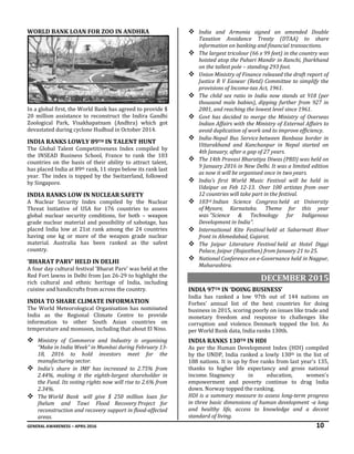 GENERAL AWARENESS – APRIL 2016 10
WORLD BANK LOAN FOR ZOO IN ANDHRA
In a global first, the World Bank has agreed to provide $
20 million assistance to reconstruct the Indira Gandhi
Zoological Park, Visakhapatnam (Andhra) which got
devastated during cyclone Hudhud in October 2014.
INDIA RANKS LOWLY 89TH IN TALENT HUNT
The Global Talent Competitiveness Index compiled by
the INSEAD Business School, France to rank the 103
countries on the basis of their ability to attract talent,
has placed India at 89th rank, 11 steps below its rank last
year. The index is topped by the Switzerland, followed
by Singapore.
INDIA RANKS LOW IN NUCLEAR SAFETY
A Nuclear Security Index compiled by the Nuclear
Threat Initiative of USA for 176 countries to assess
global nuclear security conditions, for both – weapon
grade nuclear material and possibility of sabotage, has
placed India low at 21st rank among the 24 countries
having one kg or more of the weapon grade nuclear
material. Australia has been ranked as the safest
country.
‘BHARAT PARV’ HELD IN DELHI
A four day cultural festival 'Bharat Parv' was held at the
Red Fort lawns in Delhi from Jan 26-29 to highlight the
rich cultural and ethnic heritage of India, including
cuisine and handicrafts from across the country.
INDIA TO SHARE CLIMATE INFORMATION
The World Meteorological Organisation has nominated
India as the Regional Climate Centre to provide
information to other South Asian countries on
temperature and monsoon, including that about El Nino.
 Ministry of Commerce and Industry is organising
“Make in India Week” in Mumbai during February 13-
18, 2016 to hold investors meet for the
manufacturing sector.
 India’s share in IMF has increased to 2.75% from
2.44%, making it the eighth-largest shareholder in
the Fund. Its voting rights now will rise to 2.6% from
2.34%.
 The World Bank will give $ 250 million loan for
Jhelum and Tawi Flood Recovery Project for
reconstruction and recovery support in flood-affected
areas.
 India and Armenia signed an amended Double
Taxation Avoidance Treaty (DTAA) to share
information on banking and financial transactions.
 The largest tricolour (66 x 99 feet) in the country was
hoisted atop the Pahari Mandir in Ranchi, Jharkhand
on the tallest pole – standing 293 foot.
 Union Ministry of Finance released the draft report of
Justice R V Easwar (Retd) Committee to simplify the
provisions of Income-tax Act, 1961.
 The child sex ratio in India now stands at 918 (per
thousand male babies), dipping further from 927 in
2001, and reaching the lowest level since 1961.
 Govt has decided to merge the Ministry of Overseas
Indian Affairs with the Ministry of External Affairs to
avoid duplication of work and to improve efficiency.
 India-Nepal Bus Service between Banbasa border in
Uttarakhand and Kanchanpur in Nepal started on
4th January, after a gap of 27 years.
 The 14th Pravasi Bharatiya Diwas (PBD) was held on
9 January 2016 in New Delhi. It was a limited edition
as now it will be organised once in two years.
 India’s first World Music Festival will be held in
Udaipur on Feb 12-13. Over 100 artistes from over
12 countries will take part in the festival.
 103rd Indian Science Congress held at University
of Mysore, Karnataka. Theme for this year
was "Science & Technology for Indigenous
Development in India".
 International Kite Festival held at Sabarmati River
front in Ahmedabad, Gujarat.
 The Jaipur Literature Festival held at Hotel Diggi
Palace, Jaipur (Rajasthan) from January 21 to 25.
 National Conference on e-Governance held in Nagpur,
Maharashtra.
DECEMBER 2015
INDIA 97TH IN ‘DOING BUSINESS’
India has ranked a low 97th out of 144 nations on
Forbes' annual list of the best countries for doing
business in 2015, scoring poorly on issues like trade and
monetary freedom and response to challenges like
corruption and violence. Denmark topped the list. As
per World Bank data, India ranks 130th.
INDIA RANKS 130TH IN HDI
As per the Human Development Index (HDI) compiled
by the UNDP, India ranked a lowly 130th in the list of
188 nations. It is up by five ranks from last year's 135,
thanks to higher life expectancy and gross national
income. Stagnancy in education, women's
empowerment and poverty continue to drag India
down. Norway topped the ranking.
HDI is a summary measure to assess long-term progress
in three basic dimensions of human development -a long
and healthy life, access to knowledge and a decent
standard of living.
 
