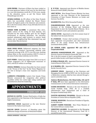 GENERAL AWARENESS – APRIL 2016 34
AZIM PREMJI: Chairman of Wipro has been ranked as
the most generous Indian of the year for the third time
in a row with donations worth Rs. 27,514 crore, mainly
in the education sector, as per the Hurun India
Philanthropy List 2015.
APARNA KUMAR: An IPS officer of the Uttar Pradesh
cadre, has successfully climbed the Mount Vinson
Massif, the highest peak in the Antarctic sub-continent.
She is the first woman officer of any All-India Services to
have done so
SHEIKH NIMR AL-NIMR: A prominent Shia cleric,
highly critical of the ruling Al Saud dynasty, was
executed by the Saudi Arabian govt for his alleged
involvement in shooting policemen. His execution
sparked widespread angry protests in eastern Saudi
Arabia and in neighbouring Shia dominated Iraq and
several other Shia territories.
DECEMBER 2015
SHAH RUKH KHAN: Bollywood megastar has been
ranked as the country’s top-earning celebrity with
estimated earnings of Rs. 257.5 crore this year, pushing
Salman Khan to the second position (202.75 crore) in
the latest Forbes India Celebrity List for 2015.
KATY PERRY: Global pop singer from USA is on top of
Forbes magazine's list of highest-paid musicians of
2015, with $135 million in earnings.
ANGELA MERKEL: German Chancellor has been named
as the "Person of the Year" by the Times Magazine for
her role in Europe's crises over migration and Greek
debt.
LAIMDOTA STRAUJUMA: Latvia’s first female Prime
Minister announced her resignation after political
squabbles within her center-right ruling coalition and
dissatisfaction about her leadership.
APPOINTMENTS
FEBRUARY 2016
JUSTICE H L DATTU: Former Chief Justice of India has
been appointed as the Chairman of the National Human
Rights Commission.
RAJENDRA SINGH: Appointed as the new Director
General of the Indian Coast Guard.
KALYAN SINGH: Governor of Rajasthan given the
additional charge of Governor of Himachal Pradesh.
K N VYAS: Appointed new Director of Bhabha Atomic
Research Centre (BARC), Mumbai
AMIT MITRA: West Bengal Finance Minister has been
appointed as the new chairman of the Empowered
Committee of State Finance Ministers on Goods and
Services Tax (GST).
KALIKHO PUL: New CM of Arunachal Pradesh.
PARAMESHWARAN IYER: Appointed as the new
Secretary of the Drinking Water and Sanitation
Department to steer the Swachh Bharat Mission. He is
the World Bank’s water and sanitation specialist.
ARUNA SETHI: Appointed as the first women head of
the Indian Cost Accounts Services
D J PANDIAN: Former chief secretary of Gujarat has
been appointed vice-president and chief investment
officer of the newly formed Asia Infrastructure
Investment Bank (AIIB).
JAI KUMAR GARG: appointed MD and CEO of
Corporation Bank
ARCHANA RAMASUNDRAM, IPS: Appointed as the
Director General of Sashastra Seema Bal, SSB.
She is the first woman to head a paramilitary force. SSB
guards Indian borders with Nepal and Bhutan.
K DURGA PRASAD, IPS: Appointed Director General of
Central Reserve Police Force.
K K SHARMA, IPS: Appointed Director General of the
Border Security Force.
GURDEEP SINGH: Appointed as the Chairman and
Managing Director (CMD) of NTPC Ltd. For the first time
a Maharatna company chief has been selected through a
search committee route.
Amitava Bhattacharyya, IAS, Bimal Julka, IAS and D
P Sinha, IPS have been appointed as the Information
Commissioners in the Central Information Commission
GIANNI INFANTINO: Elected as the new President of
world Football body –FIFA. He is a Football
administrator from Switzerland and is Chief of
European Football body UEFA.
FAUSTIN ARCHANGE TOUADERA: Elected as the new
President of Central African Republic (CAR)
YOWERI MUSEVENI: Elected new President of Uganda,
for the fifth time.
ALBERT PAHIMI PADACKE: New Prime Minister of
the Central African country Chad.
CHRISTINE LAGARDE: Re-appointed as the Managing
Director of the International Monetary Fund for a
second five-year term.
 