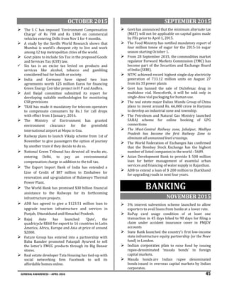 GENERAL AWARENESS – APRIL 2016 45
OCTOBER 2015
 The S C has imposed 'Environment Compensation
Charge' of Rs 700 and Rs 1300 on commercial
vehicles entering Delhi from Nov 1 for 4 months.
 A study by the Savills World Research shows that
Mumbai is world's cheapest city to live and work
among 12 top metropolitan cities of the world.
 Govt plans to include Sin Tax in the proposed Goods
and Services Tax (GST) law.
 Sin tax is an excise tax levied on products and
services like alcohol, tobacco and gambling
considered bad for health or society.
 India and Germany have signed two loan
agreements worth 125 million Euros for financing
Green Energy Corridor project in H P and Andhra.
 Anil Baijal committee submitted its report for
developing suitable methodologies for monitoring
CSR provisions
 TRAI has made it mandatory for telecom operators
to compensate consumers by Rs.1 for call drops
with effect from 1 January, 2016.
 The Ministry of Environment has granted
environment clearance for the greenfield
international airport at Mopa in Goa.
 Railway plans to launch Vikalp scheme from 1st of
November to give passengers the option of journey
by another train if they decide to do so.
 National Green Tribunal has directed all trucks etc,
entering Delhi, to pay an environmental
compensation charge in addition to the toll tax.
 The Export Import Bank of India has extended a
Line of Credit of $87 million to Zimbabwe for
renovation and up-gradation of Bulawayo Thermal
Power Plant.
 The World Bank has promised $30 billion financial
assistance to the Railways for its forthcoming
infrastructure projects.
 ADB has agreed to give a $123.51 million loan to
upgrade tourism infrastructure and services in
Punjab, Uttarakhand and Himachal Pradesh.
 Bajaj Auto has launched ‘Qute’, the
quadricycle RE60 for export to 16 countries in Latin
America, Africa, Europe and Asia at price of around
$2000.
 Future Group has entered into a partnership with
Baba Ramdev promoted Patanjali Ayurved to sell
the latter's FMCG products through its Big Bazaar
stores.
 Real estate developer Tata Housing has tied-up with
social networking firm Facebook to sell its
affordable homes online.
SEPTEMBER 2015
 Govt has announced that the minimum alternate tax
(MAT) will not be applicable on capital gains made
by FIIs prior to April 1, 2015.
 The Food Ministry has notified mandatory export of
four million tonne of sugar for the 2015-16 sugar
season starting October 1.
 From 28 September 2015, the commodities market
regulator Forward Markets Commission (FMC) has
become part of the Securities and Exchange Board
of India (SEBI).
 NTPC achieved record highest single-day electricity
generation of 733.12 million units on August 27
from its 33 power plants
 Govt has banned the sale of Diclofenac drug in
multidose vial. Henceforth, it will be sold only in
single-dose vial packaging for human use.
 The real estate major Dalian Wanda Group of China
plans to invest around Rs. 66,000 crore in Haryana
to develop an industrial zone and township.
 The Petroleum and Natural Gas Ministry launched
SAHAJ scheme for online booking of LPG
connections
 The West-Central Railway zone, Jabalpur, Madhya
Pradesh has become the first Railway Zone to
eliminate all unmanned level crossings.
 The World Federation of Exchanges has confirmed
that the Bombay Stock Exchange has the highest
number of listed companies in the world - 5689.
 Asian Development Bank to provide $ 500 million
loan for better management of essential urban
services and financing of water supply in Rajasthan.
 ADB to extend a loan of $ 200 million to Jharkhand
for upgrading roads in next four years.
BANKING
NOVEMBER 2015
 3% interest subvention scheme launched to allow
exporters to avail loans from banks at a lower rate.
 RuPay card usage condition of at least one
transaction in 45 days hiked to 90 days for filing a
claim under accident insurance cover in PMJDY
accounts
 State Bank launched the country's first low-income
state infrastructure equity partnership (or the Neev
fund) in London.
 Indian corporates plan to raise fund by issuing
rupee-denominated ‘masala bonds’ in foreign
capital markets.
 Masala bonds are Indian rupee denominated
bonds issued in overseas capital markets by Indian
corporates.
 