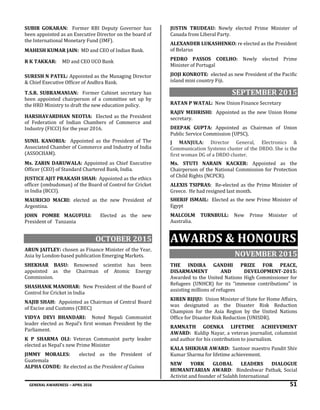 GENERAL AWARENESS – APRIL 2016 51
SUBIR GOKARAN: Former RBI Deputy Governor has
been appointed as an Executive Director on the board of
the International Monetary Fund (IMF).
MAHESH KUMAR JAIN: MD and CEO of Indian Bank.
R K TAKKAR: MD and CEO UCO Bank
SURESH N PATEL: Appointed as the Managing Director
& Chief Executive Officer of Andhra Bank.
T.S.R. SUBRAMANIAN: Former Cabinet secretary has
been appointed chairperson of a committee set up by
the HRD Ministry to draft the new education policy.
HARSHAVARDHAN NEOTIA: Elected as the President
of Federation of Indian Chambers of Commerce and
Industry (FICCI) for the year 2016.
SUNIL KANORIA: Appointed as the President of The
Associated Chamber of Commerce and Industry of India
(ASSOCHAM).
Ms. ZARIN DARUWALA: Appointed as Chief Executive
Officer (CEO) of Standard Chartered Bank, India.
JUSTICE AJIT PRAKASH SHAH: Appointed as the ethics
officer (ombudsman) of the Board of Control for Cricket
in India (BCCI).
MAURICIO MACRI: elected as the new President of
Argentina.
JOHN POMBE MAGUFULI: Elected as the new
President of Tanzania
OCTOBER 2015
ARUN JAITLEY: chosen as Finance Minister of the Year,
Asia by London-based publication Emerging Markets.
SHEKHAR BASU: Renowned scientist has been
appointed as the Chairman of Atomic Energy
Commission.
SHASHANK MANOHAR: New President of the Board of
Control for Cricket in India
NAJIB SHAH: Appointed as Chairman of Central Board
of Excise and Customs (CBEC)
VIDYA DEVI BHANDARI: Noted Nepali Communist
leader elected as Nepal’s first woman President by the
Parliament.
K P SHARMA OLI: Veteran Communist party leader
elected as Nepal's new Prime Minister
JIMMY MORALES: elected as the President of
Guatemala
ALPHA CONDE: Re elected as the President of Guinea
JUSTIN TRUDEAU: Newly elected Prime Minister of
Canada from Liberal Party.
ALEXANDER LUKASHENKO: re elected as the President
of Belarus
PEDRO PASSOS COELHO: Newly elected Prime
Minister of Portugal
JIOJI KONROTE: elected as new President of the Pacific
island mini country Fiji.
SEPTEMBER 2015
RATAN P WATAL: New Union Finance Secretary
RAJIV MEHRISHI: Appointed as the new Union Home
secretary.
DEEPAK GUPTA: Appointed as Chairman of Union
Public Service Commission (UPSC).
J MANJULA: Director General, Electronics &
Communication Systems cluster of the DRDO. She is the
first woman DG of a DRDO cluster.
Ms. STUTI NARAIN KACKER: Appointed as the
Chairperson of the National Commission for Protection
of Child Rights (NCPCR).
ALEXIS TSIPRAS: Re-elected as the Prime Minister of
Greece. He had resigned last month.
SHERIF ISMAIL: Elected as the new Prime Minister of
Egypt
MALCOLM TURNBULL: New Prime Minister of
Australia.
AWARDS & HONOURS
NOVEMBER 2015
THE INDIRA GANDHI PRIZE FOR PEACE,
DISARMAMENT AND DEVELOPMENT-2015:
Awarded to the United Nations High Commissioner for
Refugees (UNHCR) for its “immense contributions” in
assisting millions of refugees
KIREN RIJIJU: Union Minister of State for Home Affairs,
was designated as the Disaster Risk Reduction
Champion for the Asia Region by the United Nations
Office for Disaster Risk Reduction (UNISDR).
RAMNATH GOENKA LIFETIME ACHIEVEMENT
AWARD: Kuldip Nayar, a veteran journalist, columnist
and author for his contribution to journalism.
KALA SHIKHAR AWARD: Santoor maestro Pandit Shiv
Kumar Sharma for lifetime achievement.
NEW YORK GLOBAL LEADERS DIALOGUE
HUMANITARIAN AWARD: Bindeshwar Pathak, Social
Activist and founder of Sulabh International
 