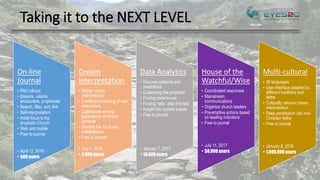 Taking it to the NEXT LEVEL
On-line
Journal
• Pilot roll-out
• Dreams, visions,
encounters, prophecies
• Search, filter, sort, link
• Self-interpretation
• Initial focus is the
prophetic Church
• Web and mobile
• Free to journal
• April 12, 2016
• 500 users
Dream
Interpretation
• Master dream
interpretation
• Certification/training of new
interpreters
• Collaborate among
subscribers on dream
symbols
• Monthly fee for dream
interpretation
• Free to journal
• July 1, 2016
• 2,000 users
Data Analytics
• Discover patterns and
predictions
• Coalescing the prophetic
• Finding tinderboxes
• Finding “tells” after-the-fact
• Insight into current events
• Free to journal
• January 7, 2017
• 10,000 users
House of the
Watchful/Wise
• Coordinated responses
• Mainstream
communications
• Organize church leaders
• Pre-emptive actions based
on leading indicators
• Free to journal
• July 11, 2017
• 50,000 users
Multi-cultural
• 30 languages
• User interface adapted to
different traditions and
faiths
• Culturally relevant dream
interpretation
• Deep penetration into non-
Christian faiths
• Free to journal
• January 8, 2018
• 1,000,000users
 