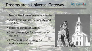 Dreams are a Universal Gateway
• An effective form of personal ministry
• Spans every culture, nationality, and
tradition
• Bypasses our belief system
• Often the catalyst for conversion of
Muslims
• A “Trojan Horse” strategy for
workplace evangelism
 