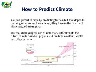 How to Predict Climate
You can predict climate by predicting trends, but that depends
on things continuing the same way they have in the past. Not
always a good assumption!
Instead, climatologists use climate models to simulate the
future climate based on physics and predictions of future CO2
and other emissions.
 