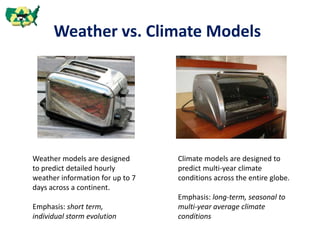 Weather vs. Climate Models
Weather models are designed
to predict detailed hourly
weather information for up to 7
days across a continent.
Emphasis: short term,
individual storm evolution
Climate models are designed to
predict multi-year climate
conditions across the entire globe.
Emphasis: long-term, seasonal to
multi-year average climate
conditions
 