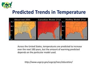 Predicted Trends in Temperature
Across the United States, temperatures are predicted to increase
over the next 100 years, but the amount of warming predicted
depends on the particular model used.
http://www.usgcrp.gov/usgcrp/nacc/education/
 