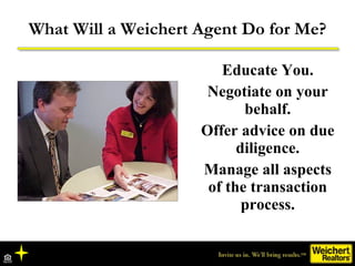 Educate You. Negotiate on your behalf. Offer advice on due diligence. Manage all aspects of the transaction process. What Will a Weichert Agent Do for Me? 