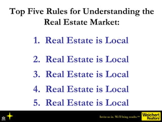 1.  Real Estate is Local Top Five Rules for Understanding the Real Estate Market: 2.  Real Estate is Local 3.  Real Estate is Local 4.  Real Estate is Local 5.  Real Estate is Local 