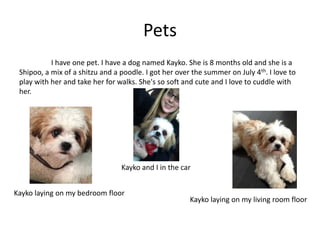 Pets
           I have one pet. I have a dog named Kayko. She is 8 months old and she is a
 Shipoo, a mix of a shitzu and a poodle. I got her over the summer on July 4th. I love to
 play with her and take her for walks. She's so soft and cute and I love to cuddle with
 her.




                                 Kayko and I in the car


Kayko laying on my bedroom floor
                                                       Kayko laying on my living room floor
 