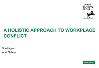 INTERNAL USE ONLY
A HOLISTIC APPROACH TO WORKPLACE
CONFLICT
Sue Higson
April Nelson
1
 