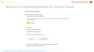 Office 365 Akademie
Verbesserte Einstellmöglichkeiten für Custom Visuals
Power BI
https://powerbi.microsoft.com/en-us/blog...