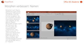Office 365 Akademie
Morphen verbessert: Namen
PowerPoint
Morphen nach Name
(Verbesserungen beim
Übergang "Morphen")
Sie kö...
