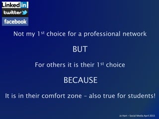 Jo Hart – Social Media April 2015
Not my 1st choice for a professional network
For others it is their 1st choice
BUT
It is...
