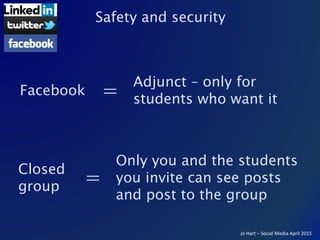 Jo Hart – Social Media April 2015
Safety and security
Closed
group
Only you and the students
you invite can see posts
and ...