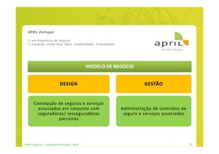 APRIL Portugal

      um Arquitecto de Seguros
      Inovação. Know-how. Valor. Credibilidade. Proximidade.




                                                           MODELO DE NEGÓCIO


                                    DESIGN                                       GESTÃO


         Concepção de seguros e serviços
           associados em conjunto com                                  Administração de contratos de
           seguradoras/ resseguradoras                                  seguro e serviços associados
                    parceiras




APRIL Portugal S.A. - apresentação institucional - dez09                                               12
 