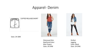 Apparel- Denim
Perfect
Jegging:
Color: Black
Sizes: 24-24W
Sizes: 24-18W
Distressed Slim
Boyfriend Color:
Blue Tropics
Sizes: 24-24W
 