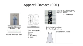 Apparel- Dresses (S-XL)
Linen Button Down
Romper
Colors:
1. Blue Multi
2. Olive
Flounce Seersucker Dress
Color:
1. Black Multi
Eyelet Swing Dress Color:
1. Chambray 2. Mimosa
 