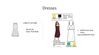 Dresses
Size XS-3X
Color: Pink Multi
1. Ruffle Front Tank
Dress
(not available for Plus)
 