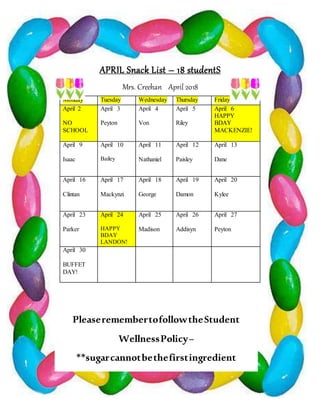 APRIL Snack List – 18 studentS
Mrs. Creehan April 2018
Monday Tuesday Wednesday Thursday Friday
April 2
NO
SCHOOL
April 3
Peyton
April 4
Von
April 5
Riley
April 6
HAPPY
BDAY
MACKENZIE!
April 9
Isaac
April 10
Bailey
April 11
Nathaniel
April 12
Paisley
April 13
Dane
April 16
Clintan
April 17
Mackynzi
April 18
George
April 19
Damon
April 20
Kylee
April 23
Parker
April 24
HAPPY
BDAY
LANDON!
April 25
Madison
April 26
Addisyn
April 27
Peyton
April 30
BUFFET
DAY!
PleaseremembertofollowtheStudent
WellnessPolicy–
**sugarcannotbethefirstingredient
**nomorethan35%caloriesfromfat
**nomorethan200caloriesperserving
 