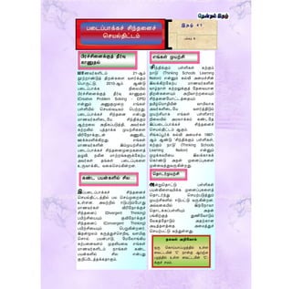 ‘சிந்திக்கும் பள்ளிகள் கற்கும்
நொடு’ (Thinking Schools Learning
Nation) என்னும் கல்வி அட ச்சின்
இலக்கிற்யகற்ப ொணவர்களின்
வொழ்நொள் கற்றலுக்குத் யதடவேொன
திறன்கடளயும் அறிவொற்றடலயும்
சிந்தடனயேொட்ைத்டதயும்
தமிழ்ம ொழியின் வொயிலொக
அவர்களிடையே வளர்த்திடும்
முேற்சிேொக எங்கள் பள்ளிசொர்
நிடலயில் அ லொக்கம் கண்ையத
இப்படைப்பொக்கச் சிந்தடனச்
மசேல்திட்ைம் ஆகும்.
சிங்கப்பூர்க் கல்வி அட ச்சு 1997-
ஆம் ஆண்டு ‘சிந்திக்கும் பள்ளிகள்,
கற்கும் நொடு’ (Thinking Schools
Learning Nation) என்னும்
முைக்கவரிடே இலக்கொகக்
மகொண்டு அதன் முடனப்புகடள
முன்டவத்துவருகின்றது.
அன்றுமதொட்டு பள்ளிகள்
பேன்விடளவுமிக்க முடனப்புகடளத்
மதொைர்ந்து மசேற்படுத்தும்
முேற்சிகளில் ஈடுபட்டு வருகின்றன.
அவ்வடகயில் இந்யநொவொ
மதொைக்கப்பள்ளியும் அதன்
பங்கிற்குத் துணியவொடும்
யவகத்யதொடும் அதற்கொன
அடித்தளத்டத அட த்துச்
மசேற்பட்டு வந்துள்ளது.
இ த ழ் 4 1
பக்கம் 8
ாணவர்களிைம் 21-ஆம்
நூற்றொண்டுத் திறன்கடள வளர்க்கும்
மபொருட்டு, 2010-ஆம் ஆண்டு
படைப்பொக்க நிடலயில்
பிரச்சிடனக்குத் தீர்வு கொணுதல்
(Creative Problem Solving - CPS)
என்னும் அணுகுமுடற எங்கள்
பள்ளியில் மசேல்வடிவம் மபற்றது.
படைப்பொக்கச் சிந்தடன என்பது
ொணவர்களிடையே சிந்திக்கும்
ஆற்றடல அதிகப்படுத்தி, அவர்கள்
கற்றலில் புத்தொக்க முேற்சிகடள
விரியநொக்குைன் அணுகிை
ஊக்க ளிக்கிறது. எங்கள்
ொணவர்களின் இம்முேற்சிகள்
படைப்பொக்கச் சிந்தடனமுடறகடளத்
தழுவி, நவீன ொற்றங்களுக்யகற்ப
அவர்கள் தங்கள் படைப்புகடள
உருவொக்கிை வடகமசய்கின்றன.
இப்படைப்பொக்கச் சிந்தடனச்
மசேல்திட்ைத்தில் பல மசய்முடறகள்
உள்ளன. அவற்றில் ஈடுபடும்யபொது
ொணவர்கள் விரியநொக்குச்
சிந்தடனப் (Divergent Thinking)
பயிற்சிடேயும் குவியநொக்குச்
சிந்தடனப் (Convergent Thinking)
பயிற்சிடேயும் மபறுகின்றனர்.
இதன்மூலம் கருத்துச்மசறிவு, வளமிகு
மசொல் பேன்பொடு, ய யலொங்கிே
கற்படனவளம் முதலிேடவ எங்கள்
ொணவர்களிைம் நொங்கள் கண்ை
பேன்களில் சில என்பது
குறிப்பிைத்தக்கதொகும்.
பிரச்சிடனக்குத் தீர்வு
கொணுதல்
மதொைர்முேற்சி
தகவல் அறிடவோம்
ஒரு தகாய்யாப்பழத்தில் உள்ை
ரவட்டமின் ‘C’ நான்கு ஆரஞ்சு
பழத்தில் உள்ை ரவட்டமின் ‘C’-
க்குச் ெமம்.
படைப்பொக்கச் சிந்தடனச்
மசேல்திட்ைம்
கண்ை பேன்களில் சில…
எங்கள் முேற்சி
 