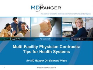 1
Multi-Facility Physician Contracts:
Tips for Health Systems
An MD Ranger On-Demand Video
 