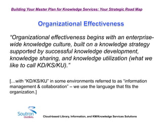 Cloud-based Library, Information, and KM/Knowledge Services Solutions
Building Your Master Plan for Knowledge Services: Your Strategic Road Map
“Organizational effectiveness begins with an enterprise-
wide knowledge culture, built on a knowledge strategy
supported by successful knowledge development,
knowledge sharing, and knowledge utilization (what we
like to call KD/KS/KU).”
[…with “KD/KS/KU” in some environments referred to as “information
management & collaboration” – we use the language that fits the
organization.]
 