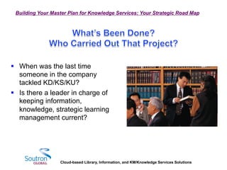 Cloud-based Library, Information, and KM/Knowledge Services Solutions
Building Your Master Plan for Knowledge Services: Your Strategic Road Map
§  When was the last time
someone in the company
tackled KD/KS/KU?
§  Is there a leader in charge of
keeping information,
knowledge, strategic learning
management current?
 